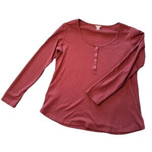 EDDIE BAUER Waffle Knit Burgundy Snap Long Sleeve Thermal Top Women’s Large